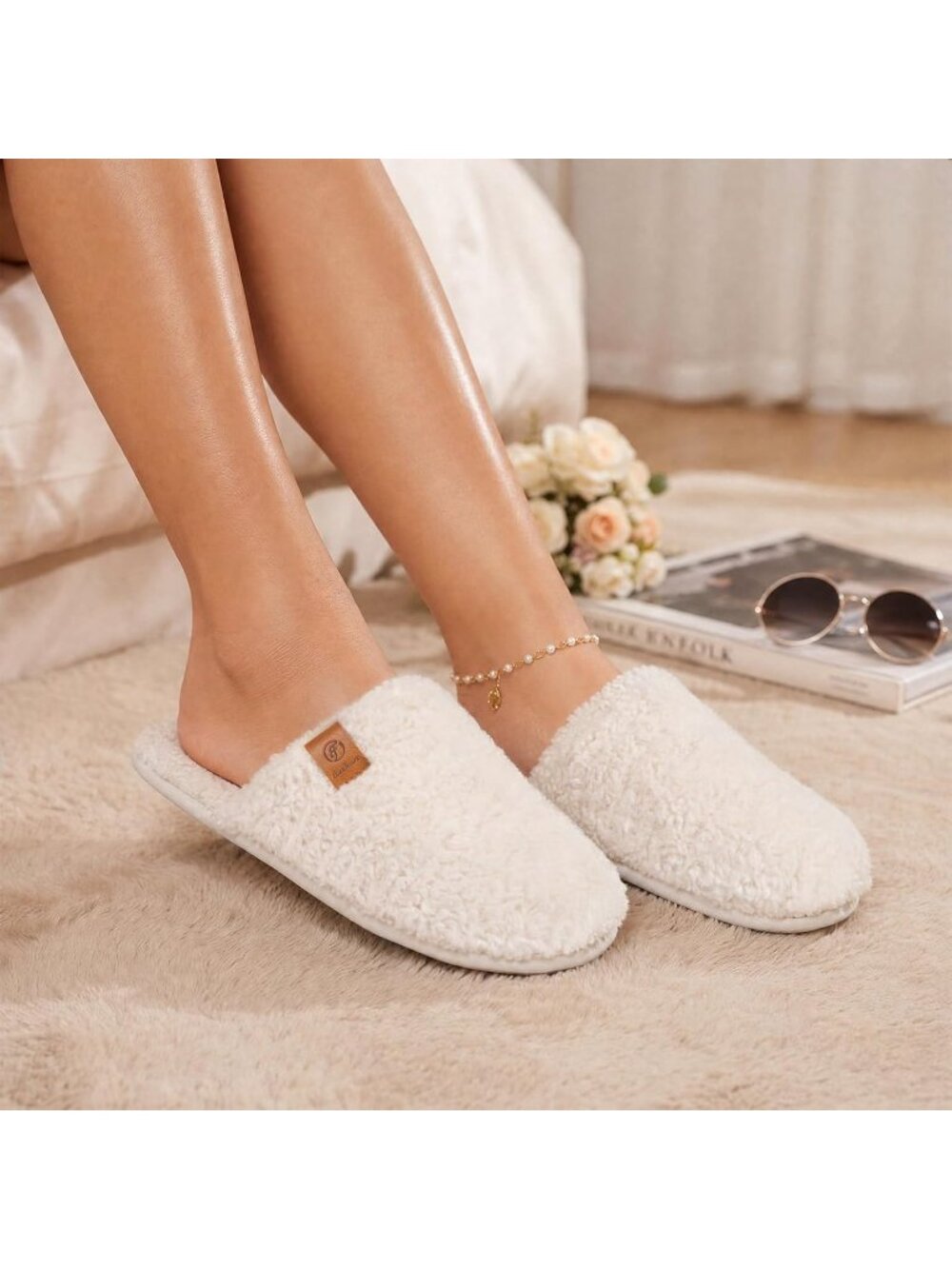 Women's Cream White Fuzzy Warm Cozy Soft Lightweight Memory Foam Indoor Slippers - Picture 2 of 6